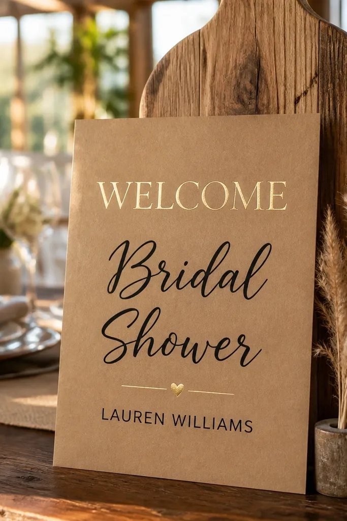 Kraft paper welcome sign with gold WELCOME and black brush script