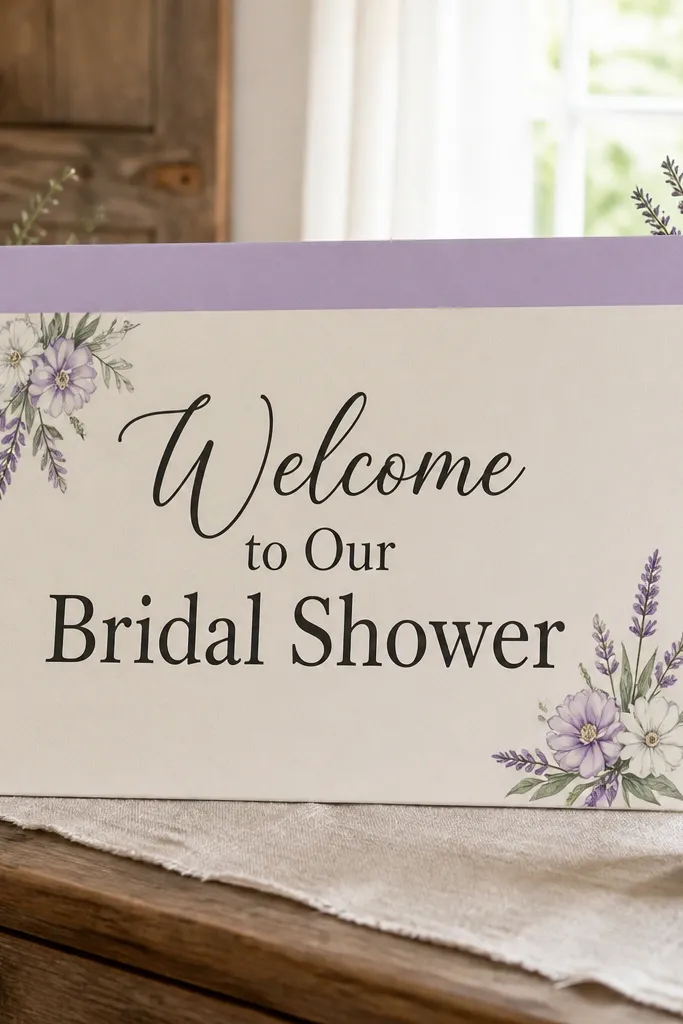 Lavender and white welcome bridal shower sign with small floral line art