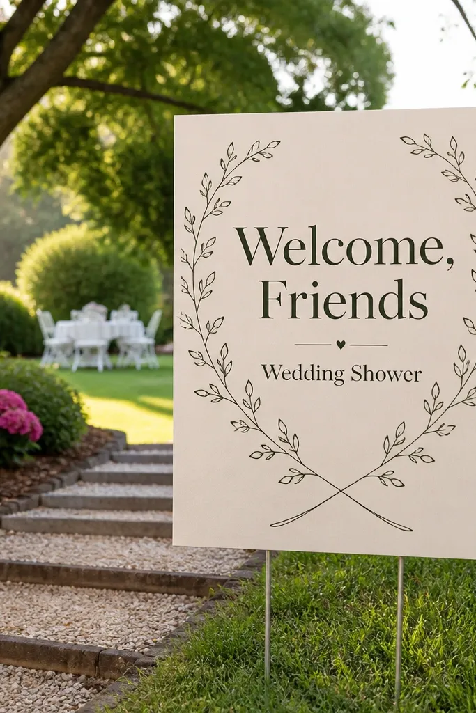 Cream sign with greenery garland border and welcome friends text