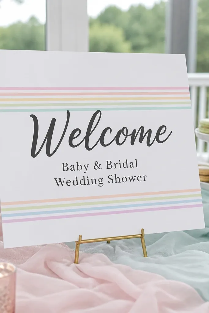 Pastel rainbow stripe welcome sign with welcome text for bridal shower