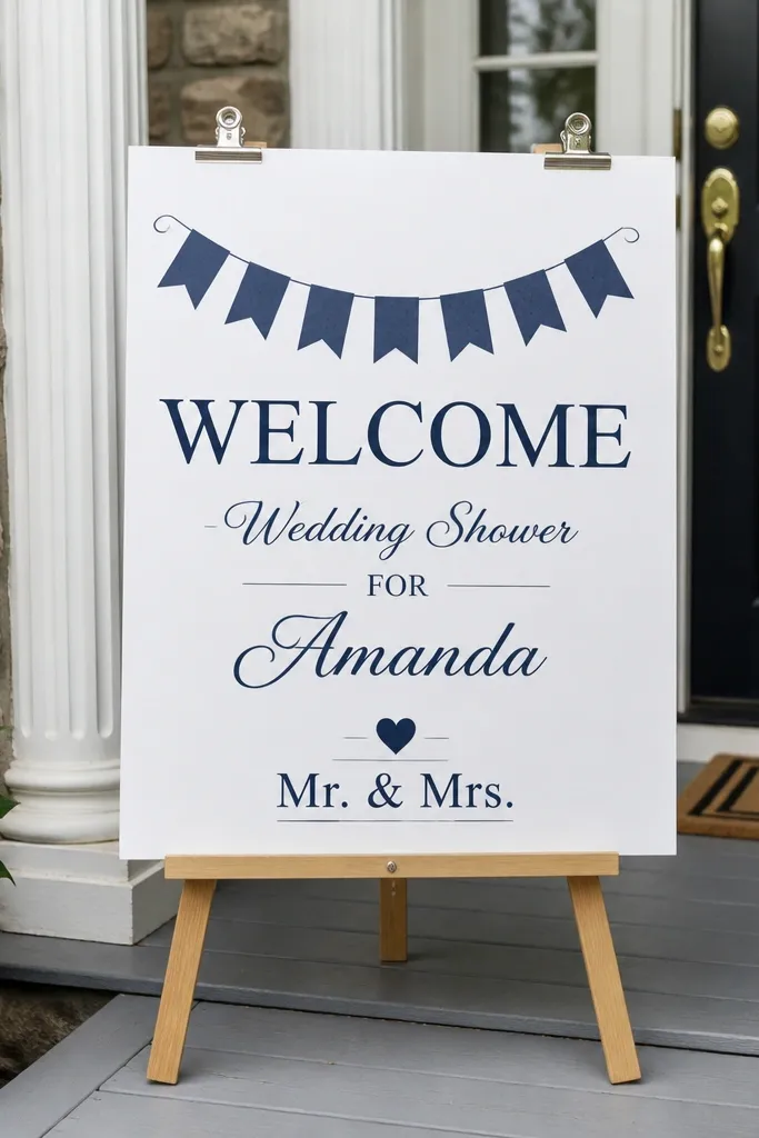 White welcome sign with navy Mr and Mrs mini banner and welcome text