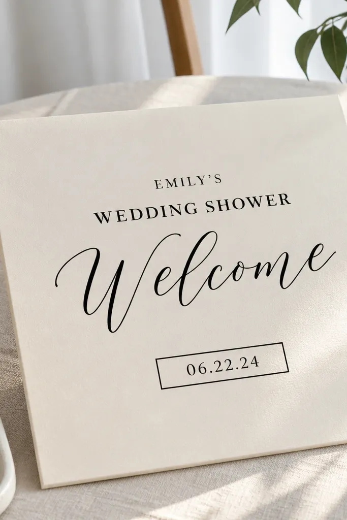 Cream welcome sign with black script welcome and date in small rectangle