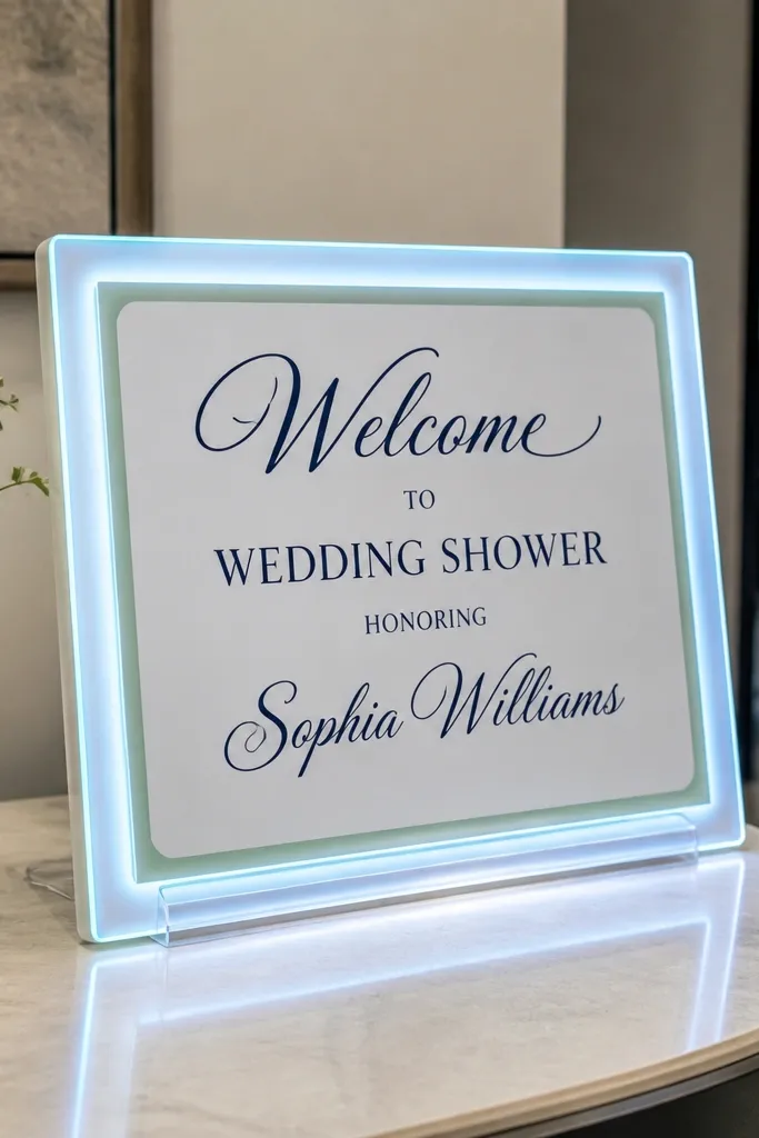 White welcome sign with soft glow border and navy text