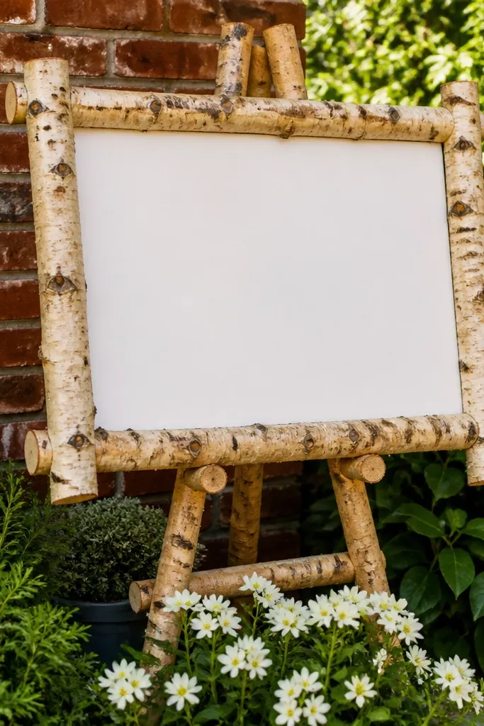 Birch frame welcome sign on a low easel with white flowers and greenery