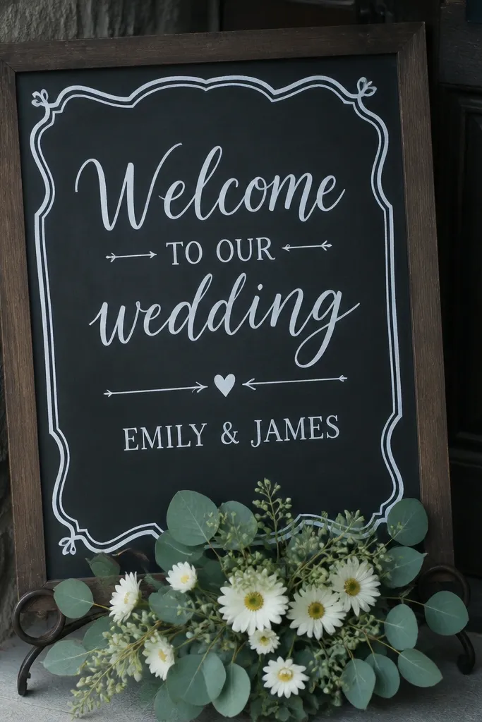 Black chalkboard welcome sign with white border and a small bouquet at the bottom