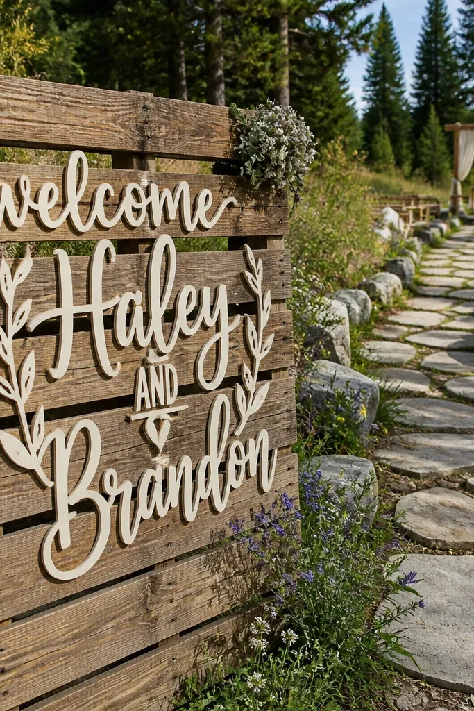 Weathered wood welcome sign with layered cutout names and greenery trim