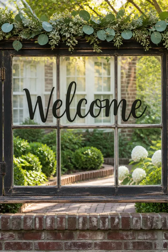 Old window frame welcome sign with greenery garland across the top and dark lettering