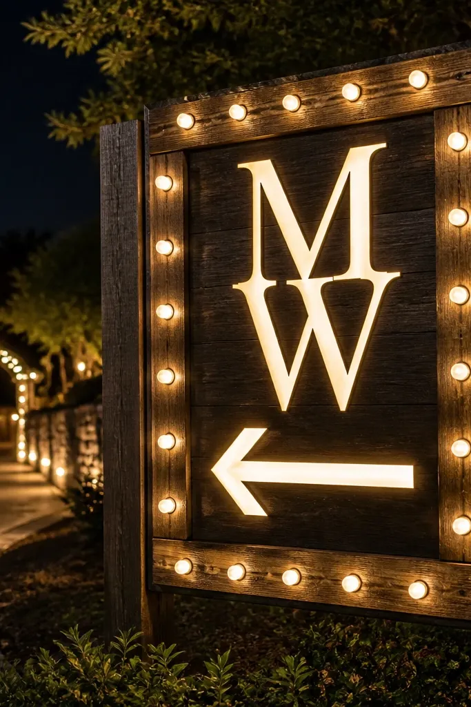 Lighted marquee welcome sign with a simple arrow pointing toward the venue entrance