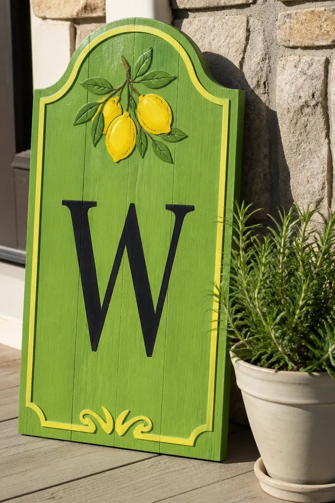 Bright green welcome sign with lemon accents and a simple border