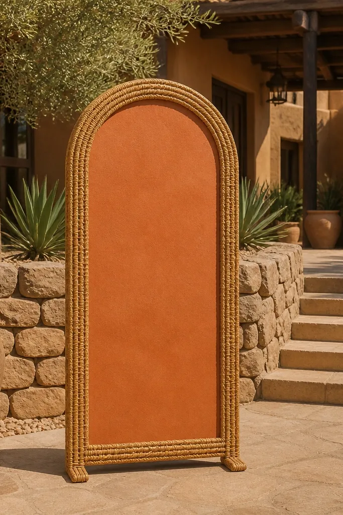 Terracotta welcome sign inside a woven rattan frame with neutral greenery