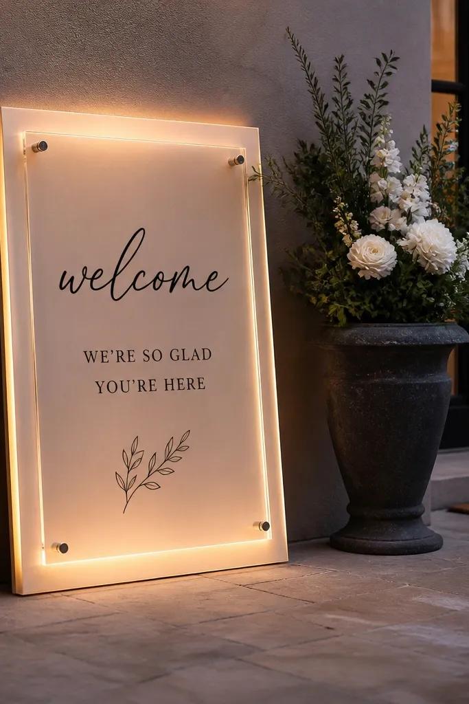 Clear acrylic welcome sign with floating vinyl letters and warm LED lights around edges