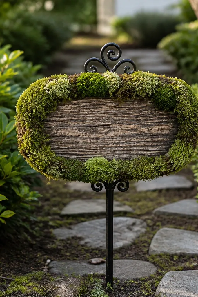 Tall garden stake welcome sign with moss border and small white flowers