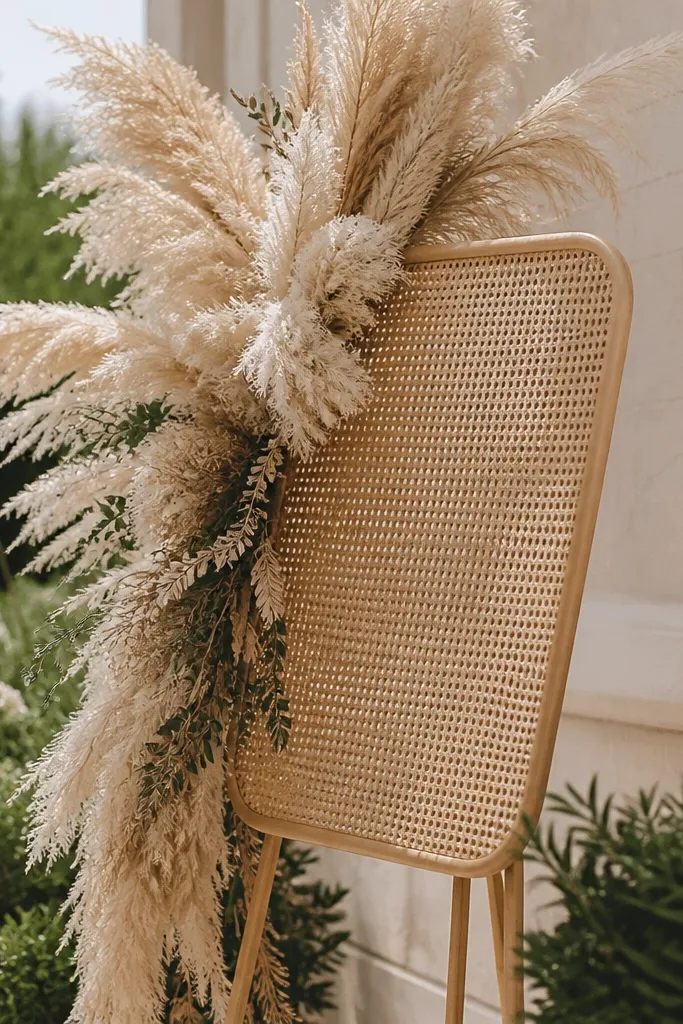 Welcome sign in a cane frame with neutral pampas grass and cream lettering