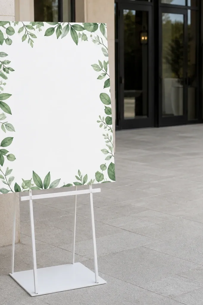 White welcome sign with a simple green leaf border and dark lettering