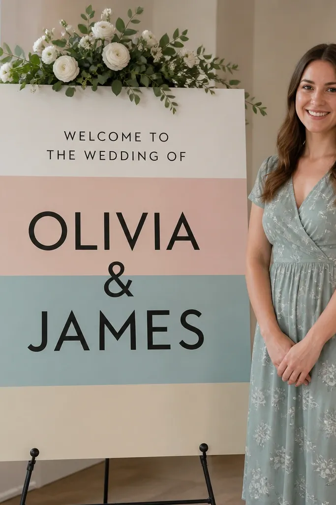 Pastel striped welcome sign with bold dark names and a small flower corner accent