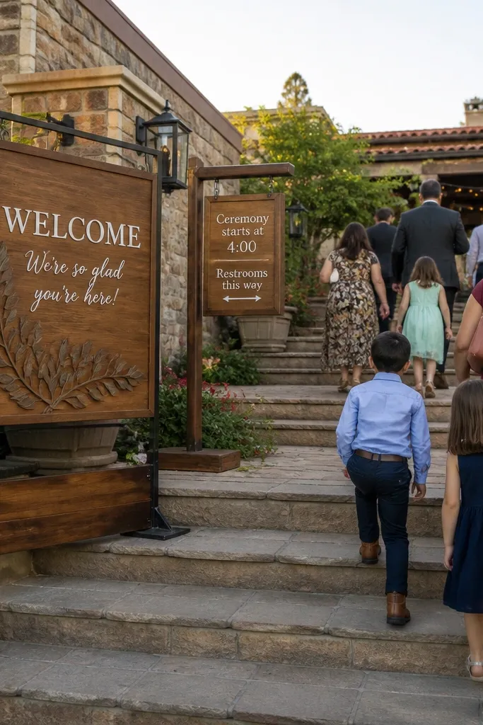 Welcome sign on steps with a small matching mini board beside it and greenery accents