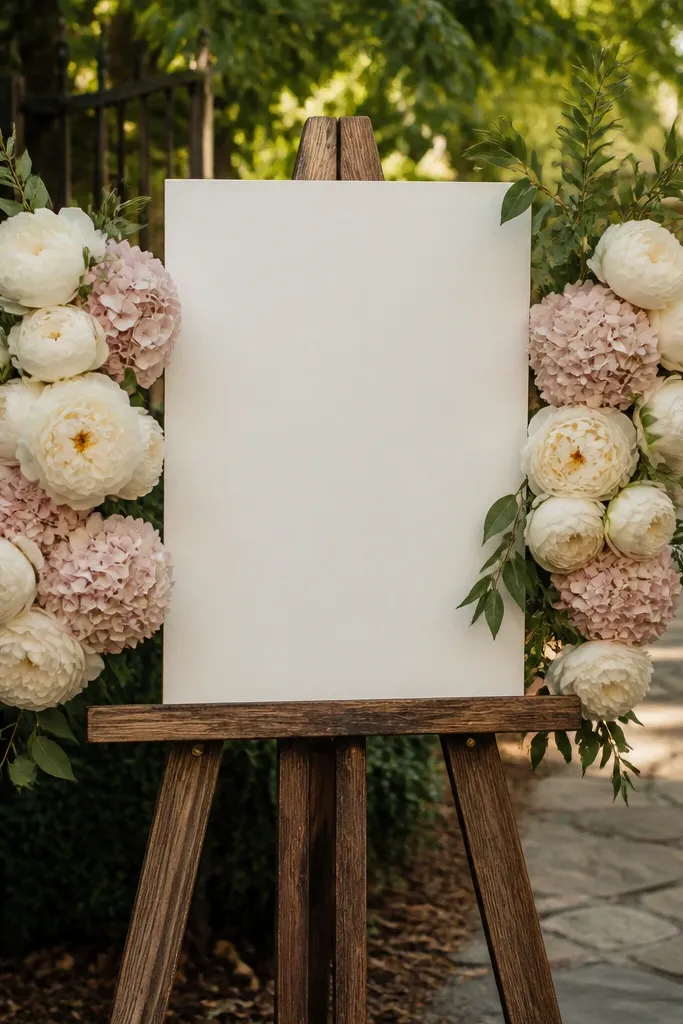 Cream and dusty blush flowers on both sides of a welcome sign