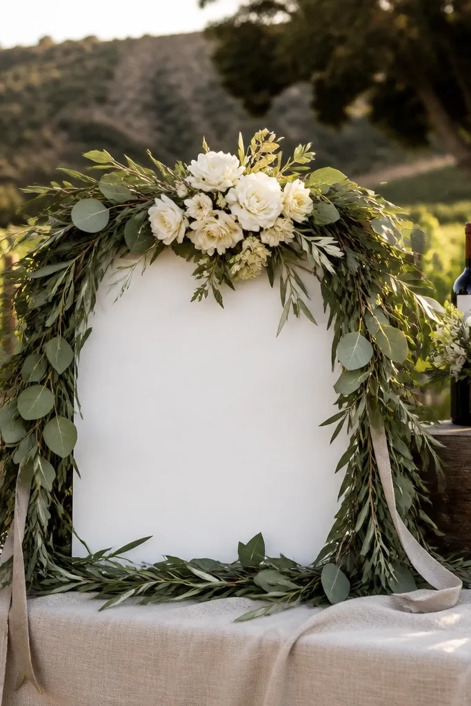 Olive green eucalyptus leaves forming a frame around white flowers