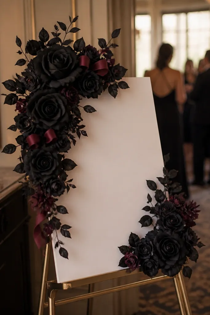 Dark burgundy and black roses arranged around a welcome sign