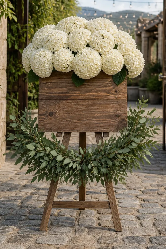 White hydrangea globe centered above welcome sign with greenery half-moon