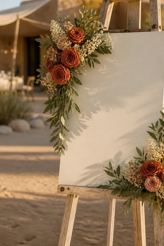 Terracotta roses with cream filler flowers and olive leaves framing a welcome sign
