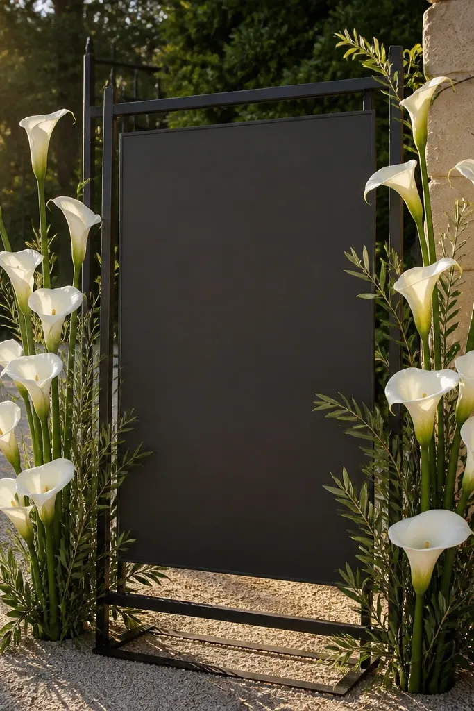 White calla lilies arranged in vertical lines with minimal greenery on a welcome sign