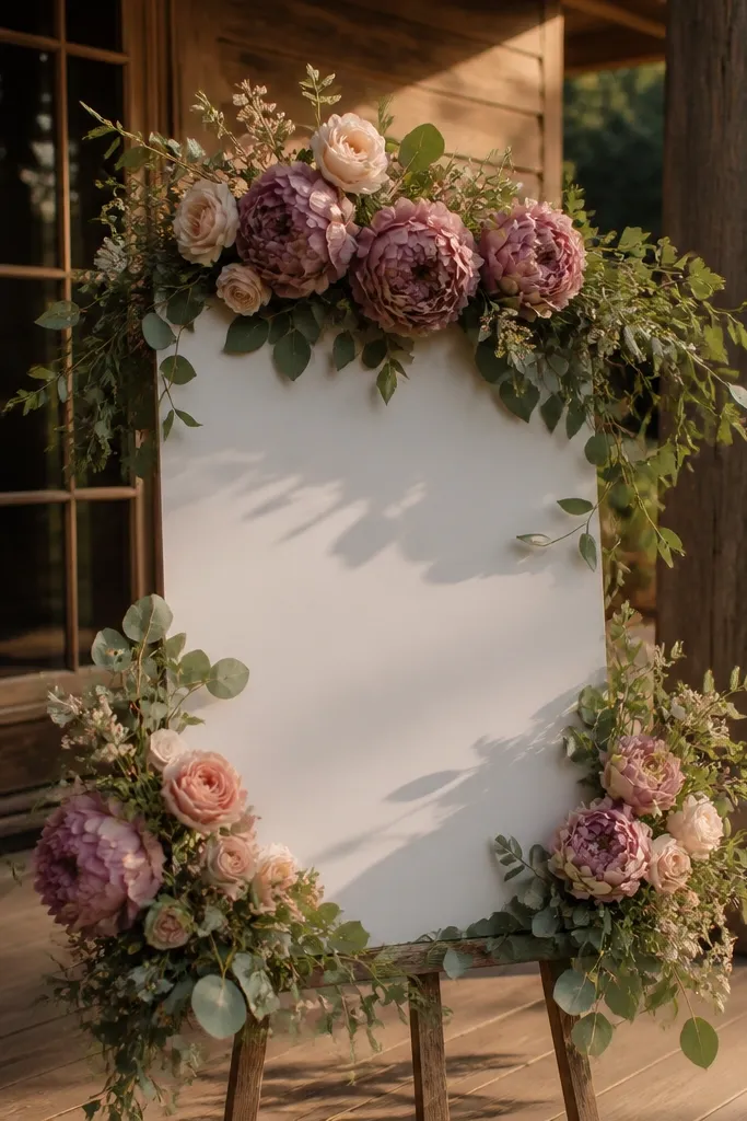 Dusty mauve peonies with blush spray roses around a welcome sign