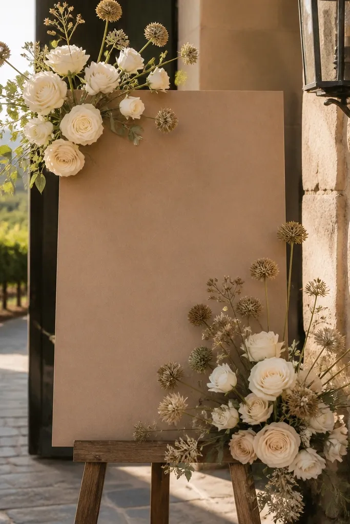 Cream roses with airy filler stems around a welcome sign