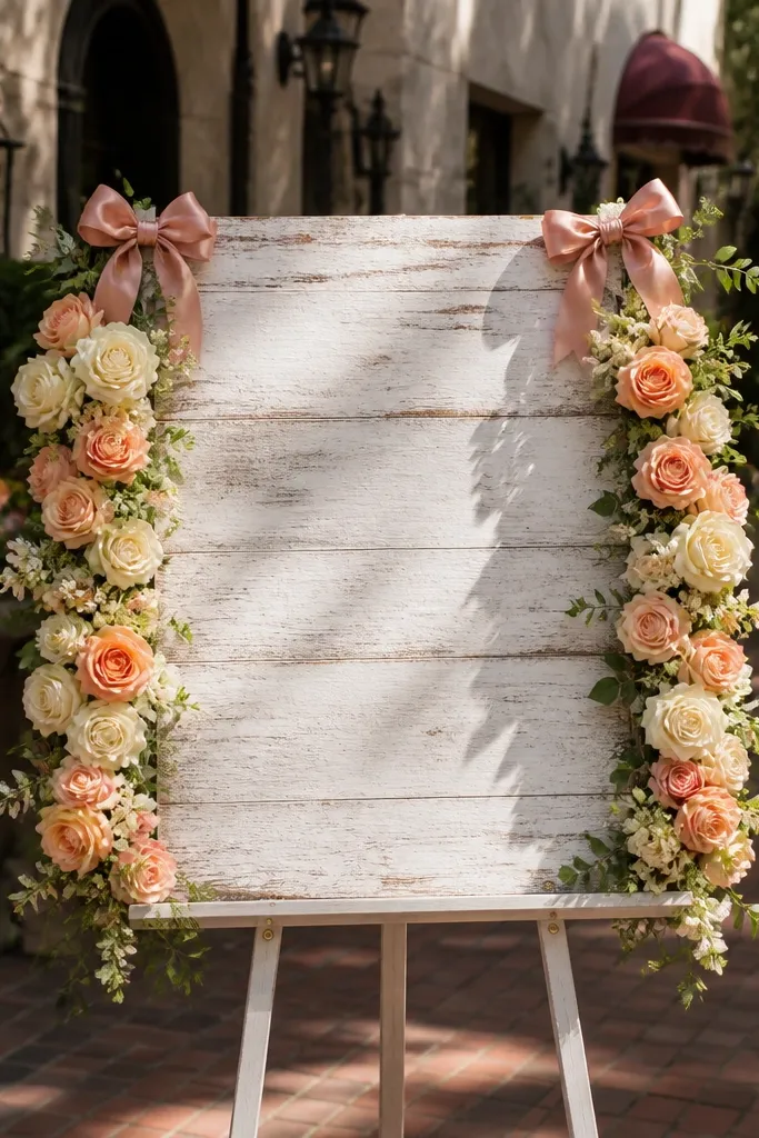 Peach and ivory rose garland with two ribbon bows on a welcome sign
