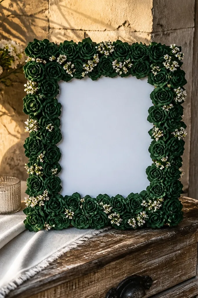 Emerald mini roses with white waxflower clusters on a welcome sign