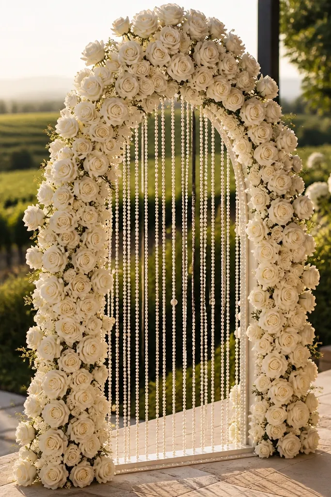Ivory roses with pearl string draped in a tall cathedral shape