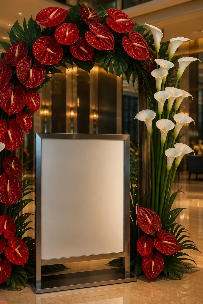 Red anthurium and white calla lilies arranged in a modern arch
