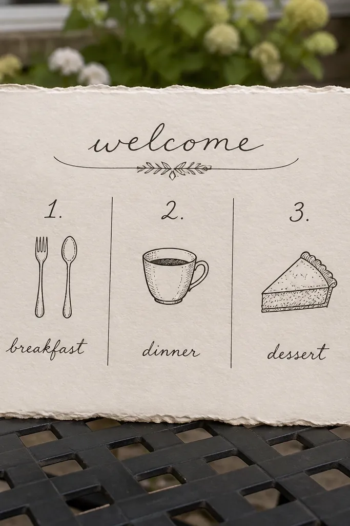 Cream paper welcome sign with three numbered food stops and simple map lines