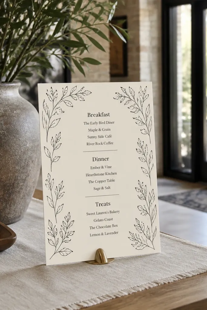 Cream welcome sign with botanical line art and a menu-style list of restaurants