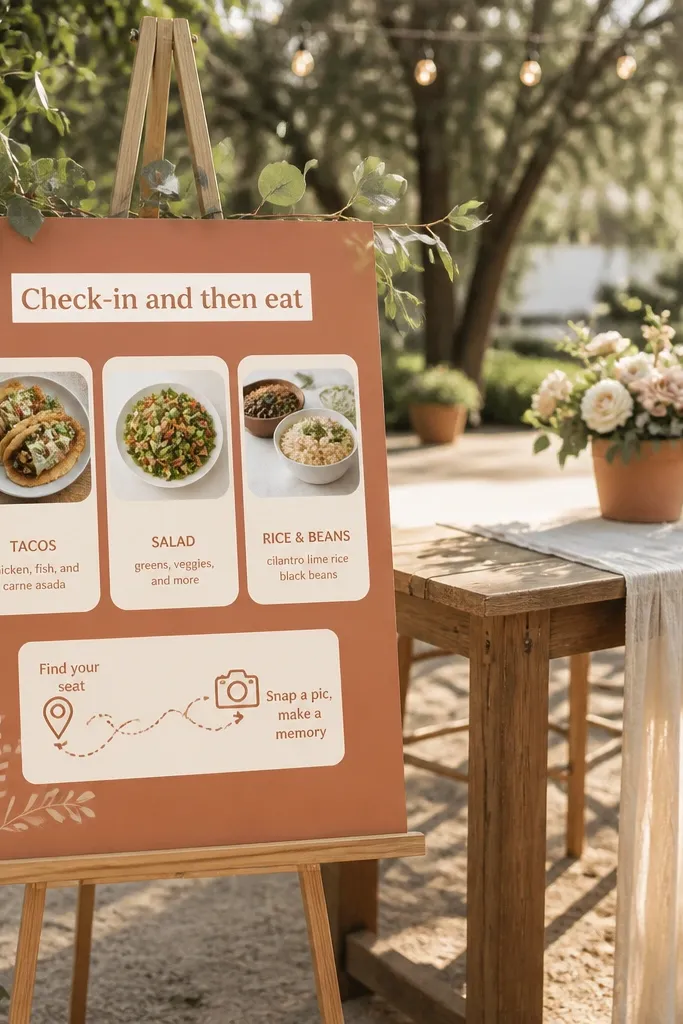 Terracotta background welcome sign with check-in notes and three nearby food picks