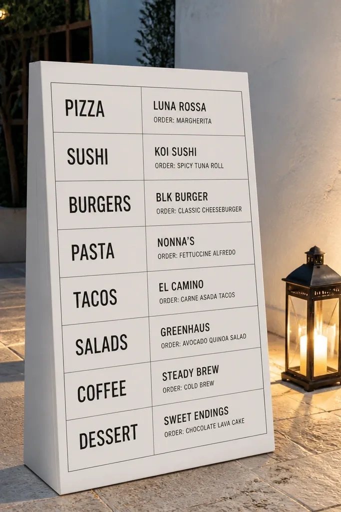 White minimal welcome sign with black grid and three food guide cells