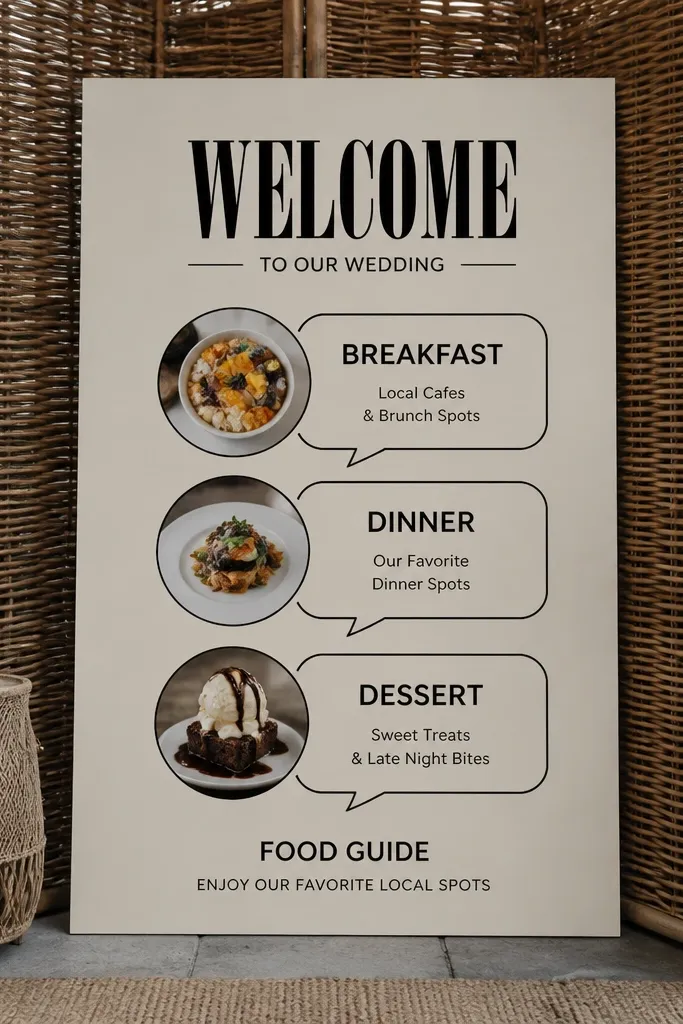 Welcome sign on rattan backing with bold callout text for breakfast, dinner, dessert