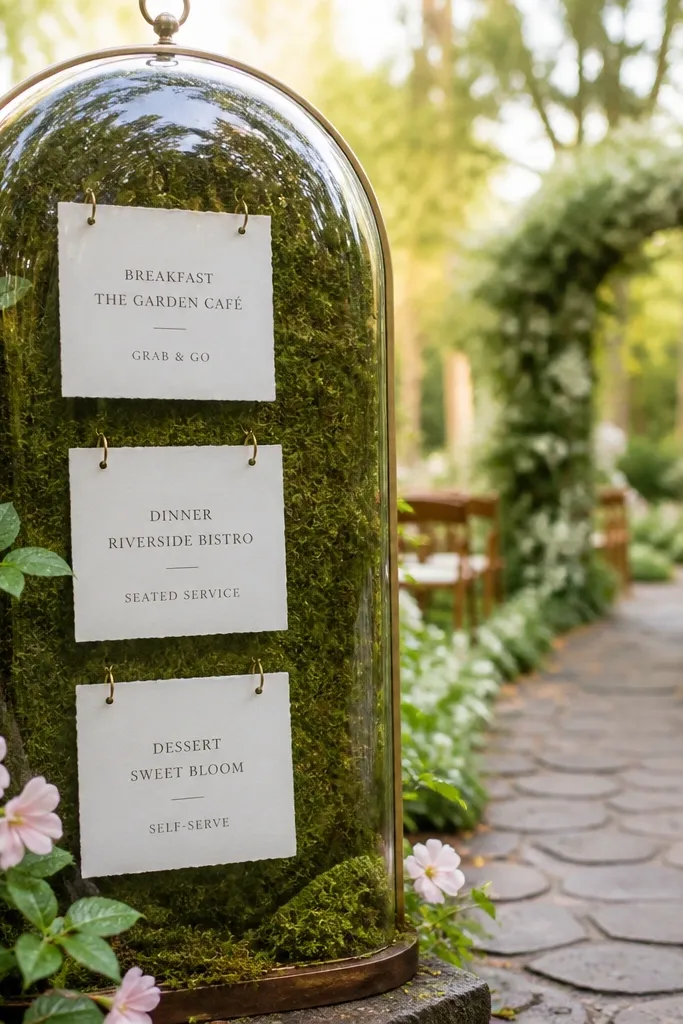 Welcome sign with terrarium-style frame and hanging tags listing three food stops