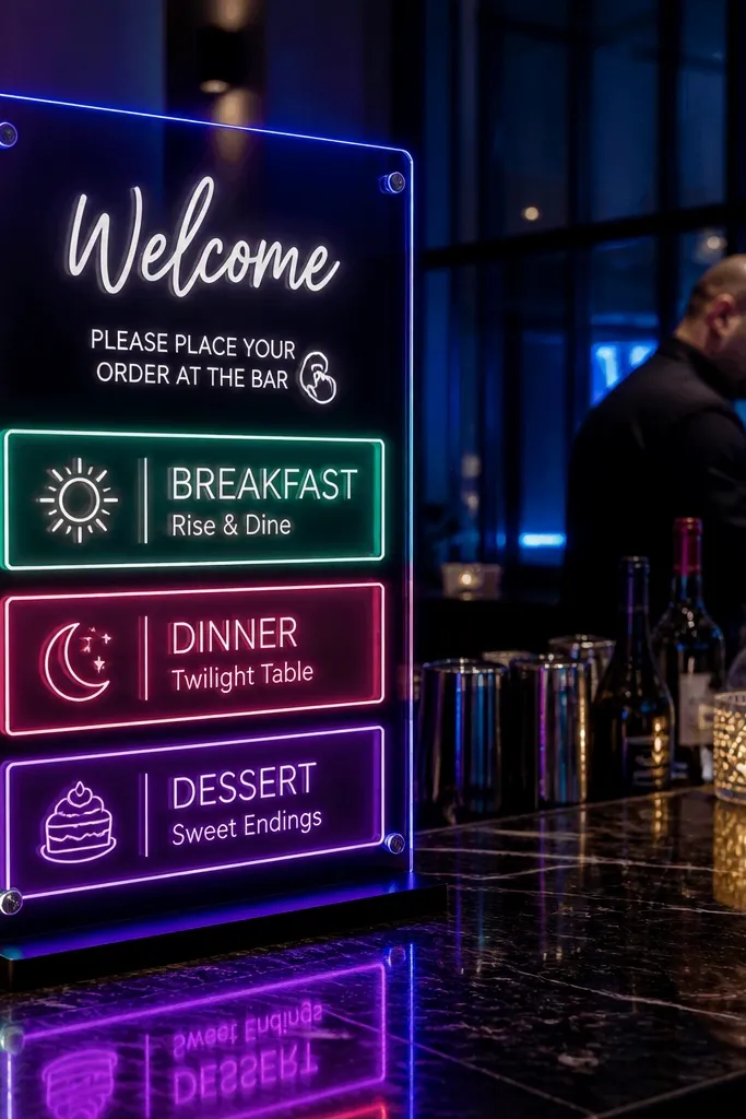 Dark acrylic welcome sign with bright color blocks labeling breakfast, dinner, dessert