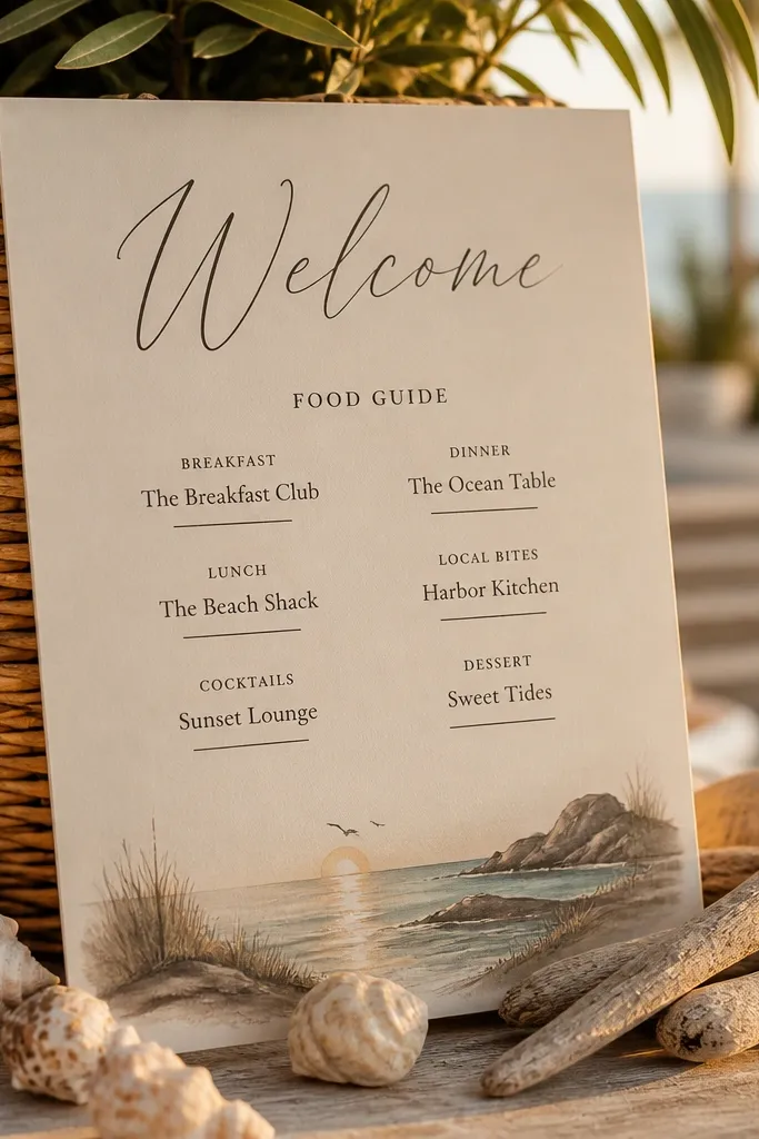Hand-lettered welcome sign with underlines separating breakfast, dinner, dessert food picks