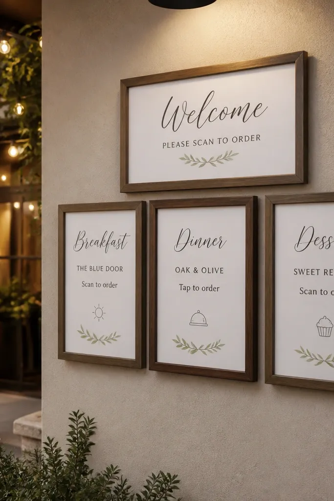 Welcome sign styled like a gallery wall with three framed cards listing food stops