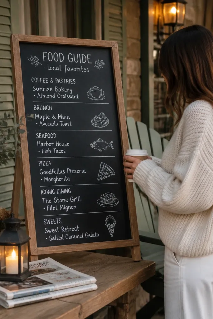 Café style welcome menu board with chalk-style icons and restaurant sections