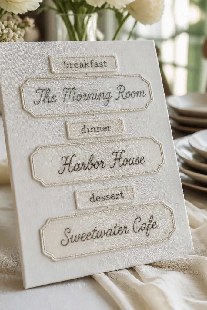 White linen texture welcome sign with stitched-looking labels for breakfast, dinner, dessert