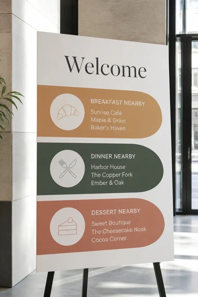 Modern serif welcome sign with curved bands reading nearby bites breakfast, dinner, dessert