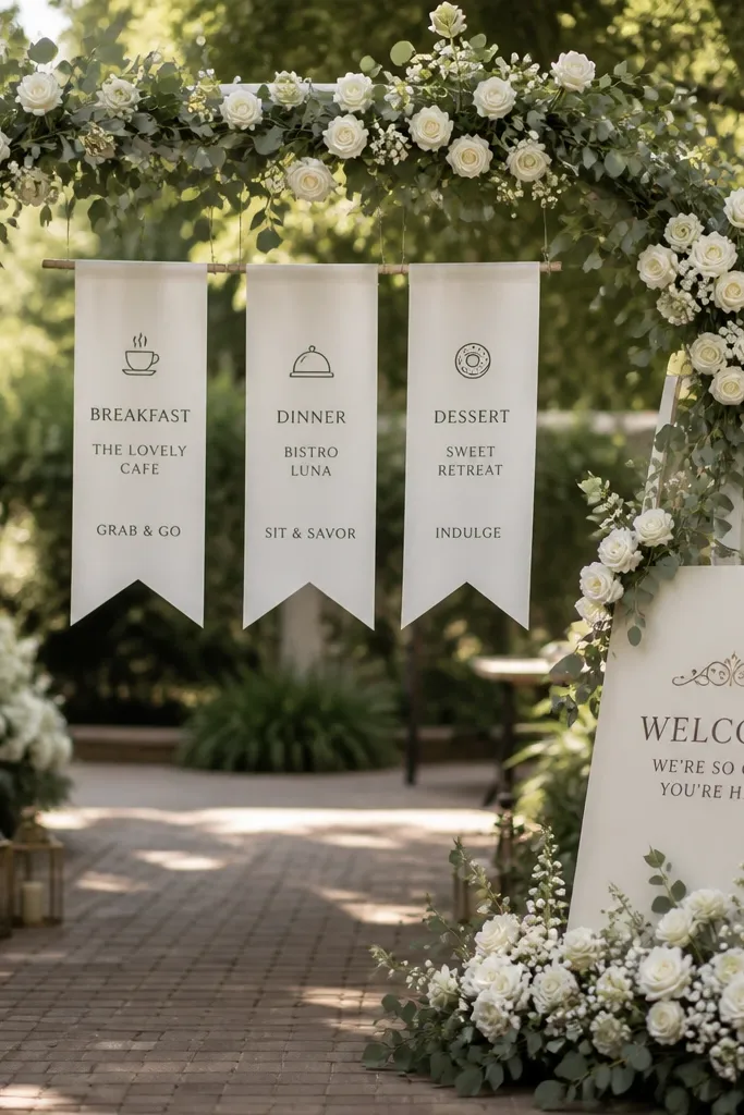 Under-floral-arch welcome sign with hanging ribbon tags listing breakfast, dinner, dessert