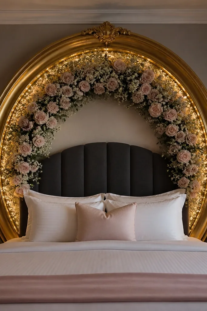 Bed with a white leaning frame behind the headboard and a ring of pastel flowers