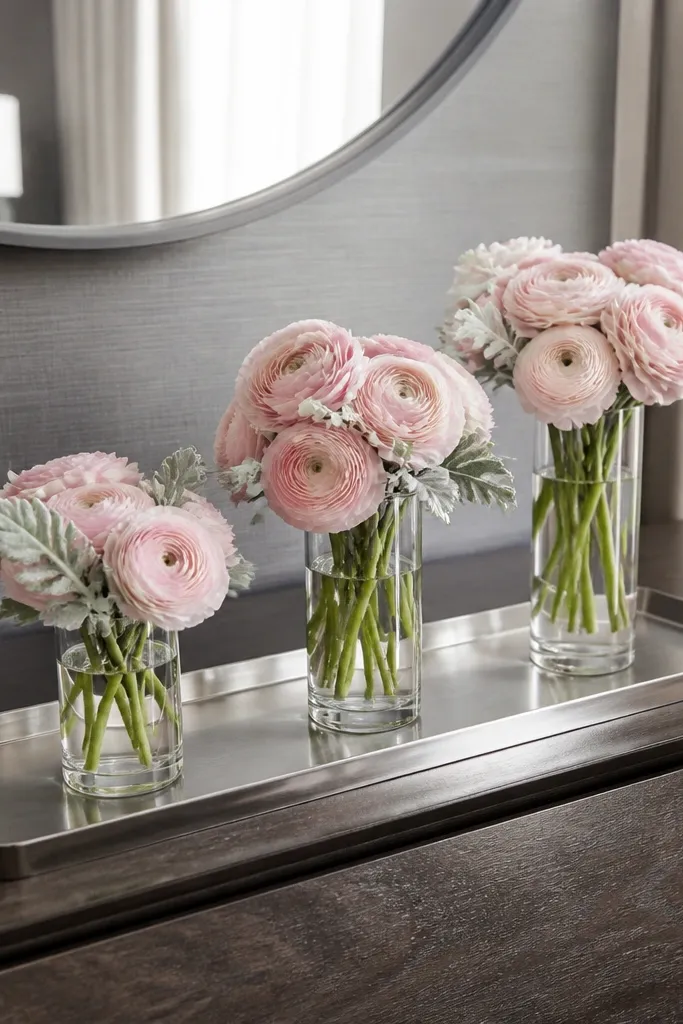 Two bedside tables with a narrow tray holding three small bud vases and greenery