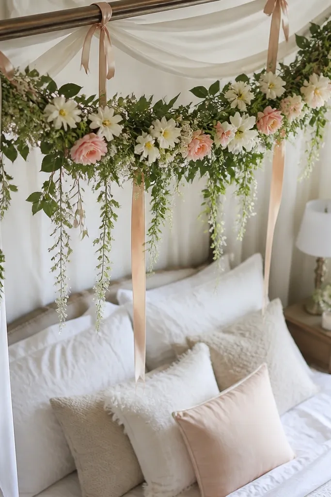 Light curtains with a soft floral swag tied to the curtain rod above the bed