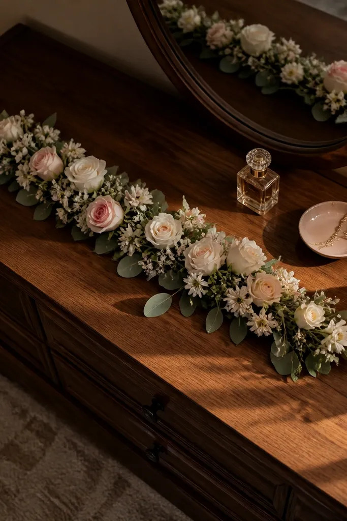 Dresser with a long flower runner and small buds spaced along it