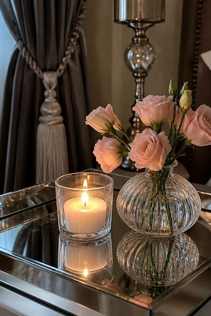 Mirrored tray on bedside table with a candle and a small flower arrangement